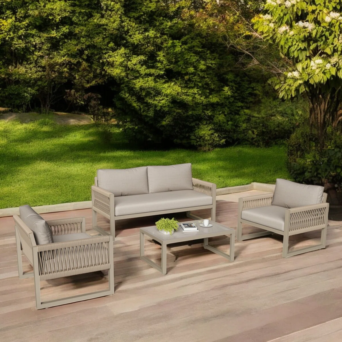 Solenza – Salon de Jardin Lounge 4 Places Kaki avec Table Basse en Verre pour Extérieur Élégant