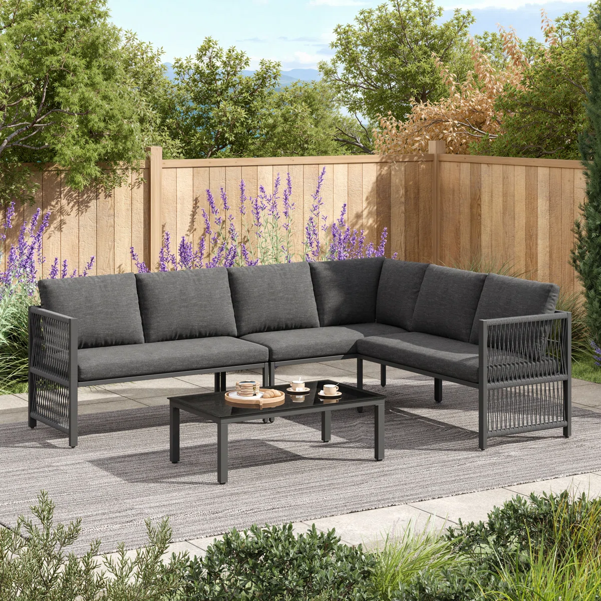 Orvella – Salon de Jardin Modulable 5-6 Places en Corde Polyester avec Table en Verre Design Moderne