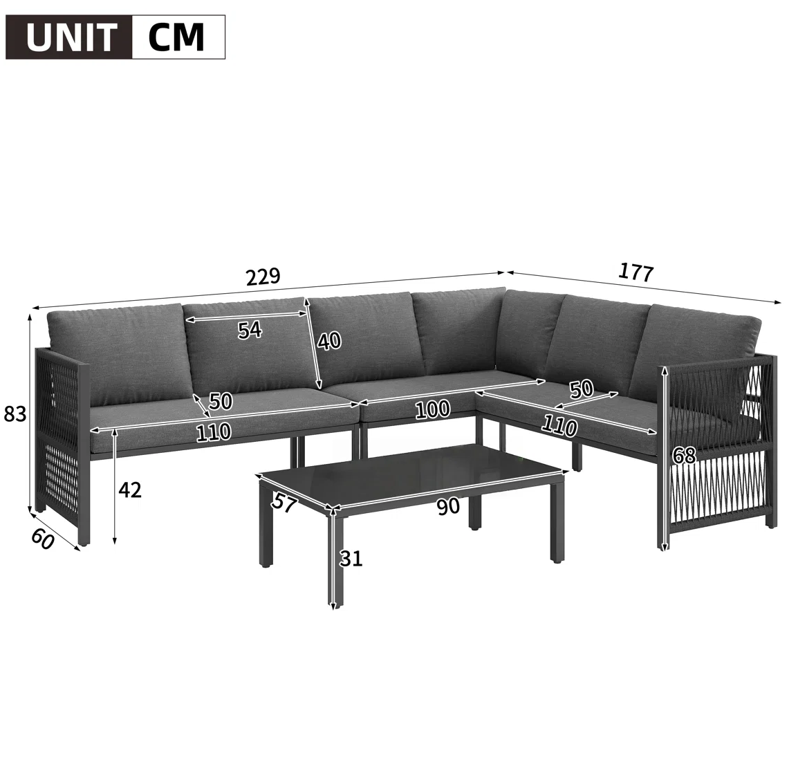 Orvella – Salon de Jardin Modulable 5-6 Places en Corde Polyester avec Table en Verre Design Moderne