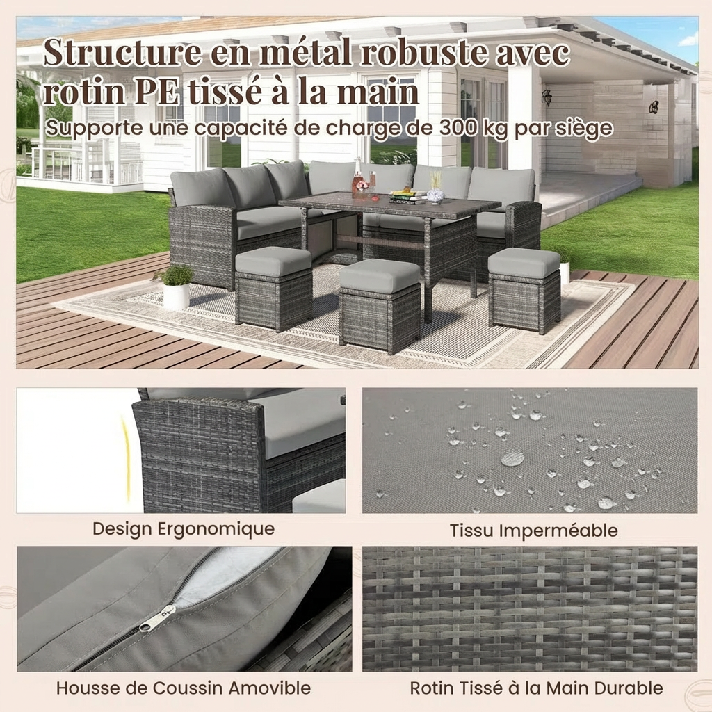 Valenwood – Salon de Jardin en Rotin 7 Pièces avec Coussins Confort Premium 