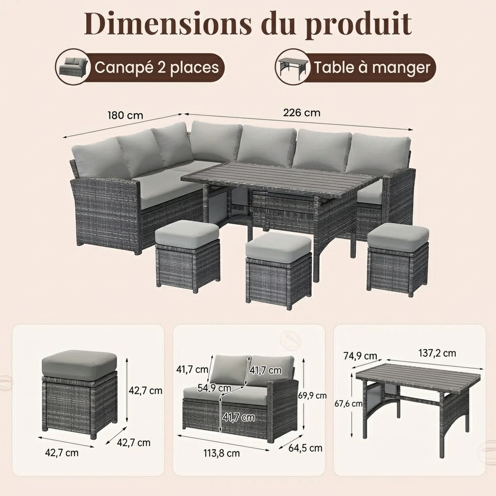Valenwood – Salon de Jardin en Rotin 7 Pièces avec Coussins Confort Premium 