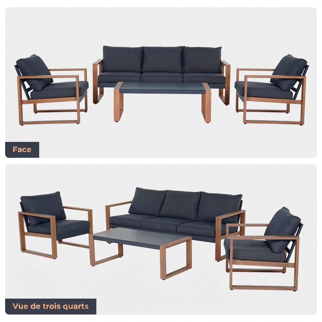 Arunel – Salon de Jardin 4 Pièces en Acier Effet Bois avec Coussins 