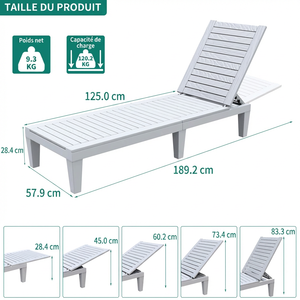 Alizya – Transat Extérieur 188 cm en Résine avec Dossier Réglable pour Confort Optimal