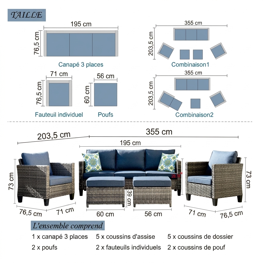 Salon de jardin en rotin Harley – Ensemble 5 pièces avec coussins et fauteuils