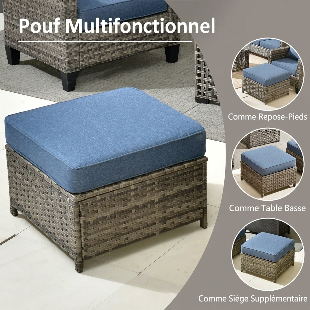 Salon de jardin en rotin Harley – Ensemble 5 pièces avec coussins et fauteuils