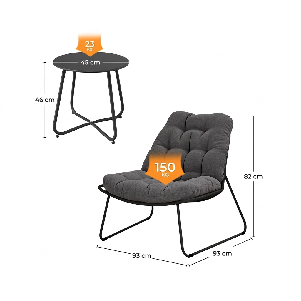 Solea Lounge – Ensemble fauteuils lounge extérieur 3 pièces avec table et coussins
