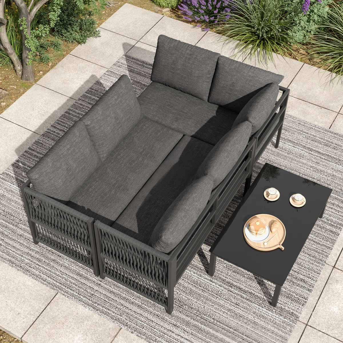 Orvella – Salon de Jardin Modulable 5-6 Places en Corde Polyester avec Table en Verre Design Moderne