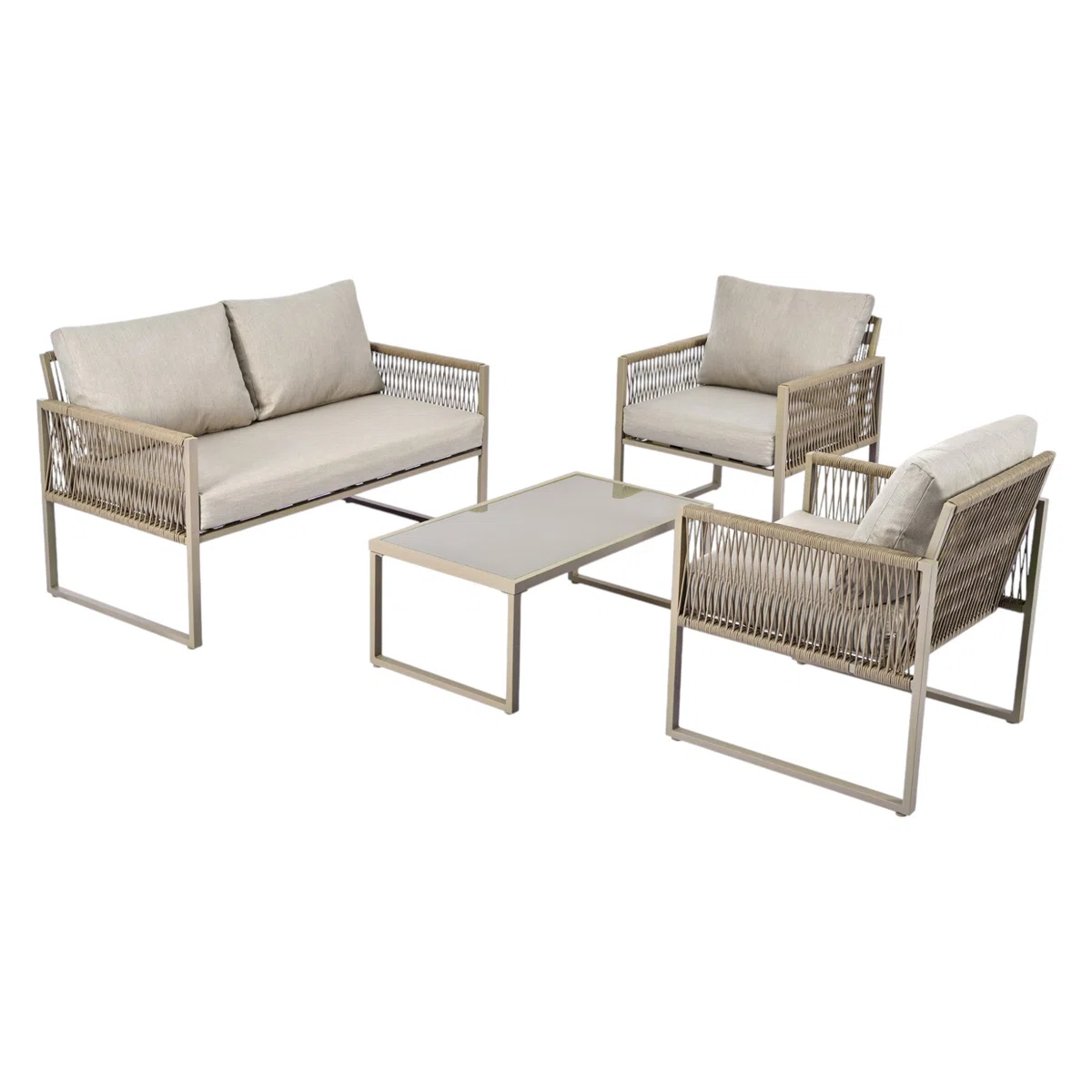 Solenza – Salon de Jardin Lounge 4 Places Kaki avec Table Basse en Verre pour Extérieur Élégant