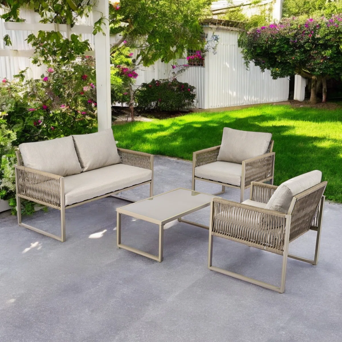Solenza – Salon de Jardin Lounge 4 Places Kaki avec Table Basse en Verre pour Extérieur Élégant