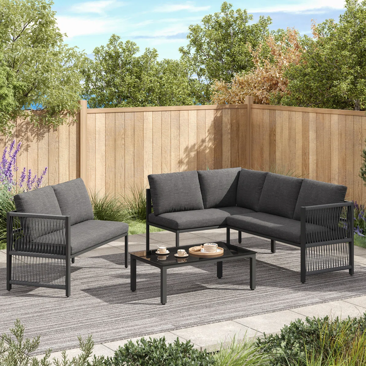 Orvella – Salon de Jardin Modulable 5-6 Places en Corde Polyester avec Table en Verre Design Moderne