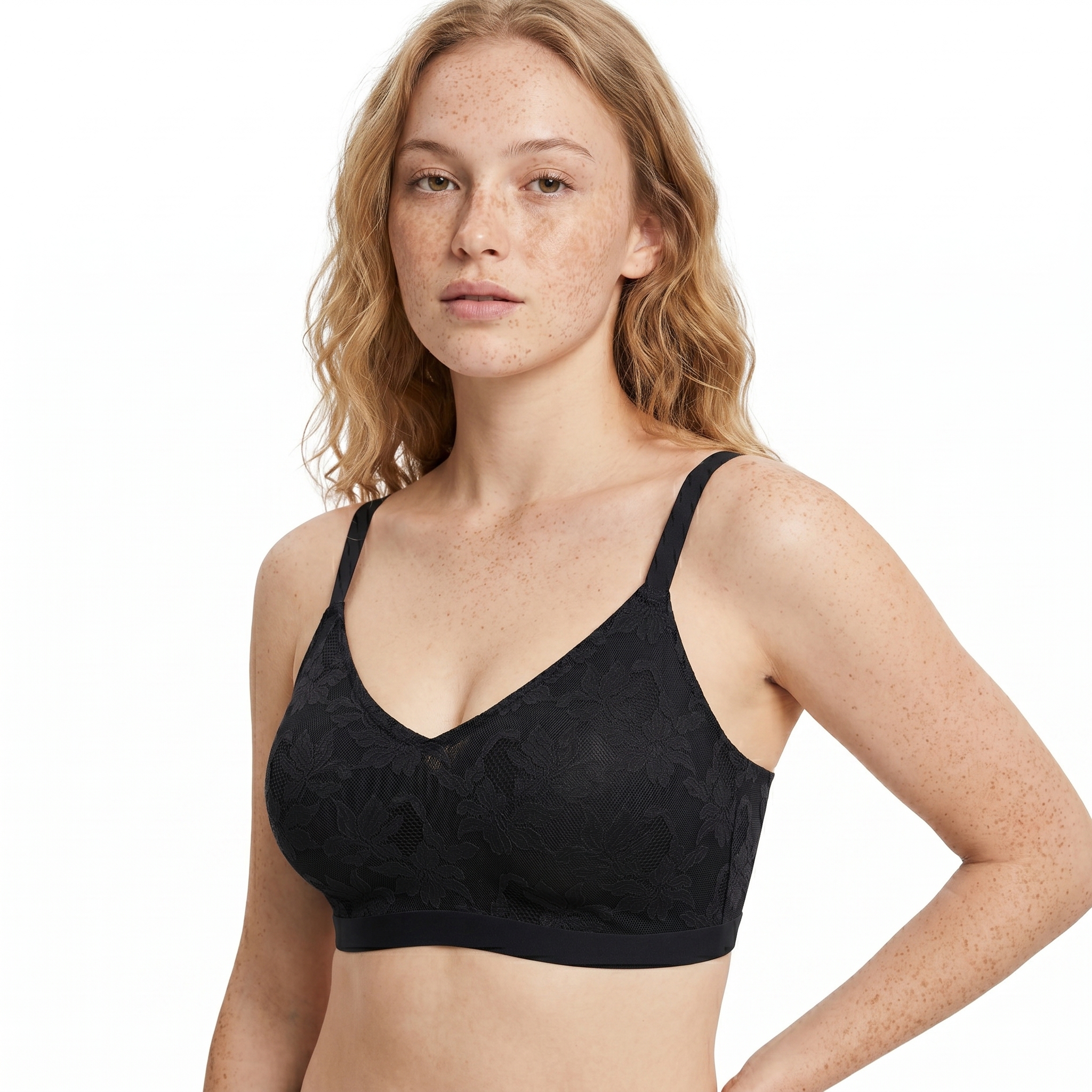 [HOPWIN LENGERIE] Plunge Lace Bonded Wirefree Bra | Seamless Evening Elegance