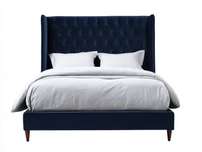 Doppelbett Samtstoff  200 x 180 x135 cm - dunkelblau - für Schlafzimmer - modern mit gepolstertem Kopfteil und Chesterfield-Steppung-Javexlyhaven