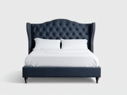 Doppelbett Polsterbett aus Stoff 200 x 180 x 145 cm - dunkelblau - für das Schlafzimmer - mit hohem kapitoniertem Kopfteil und Flügelseiten-Javexlyhaven