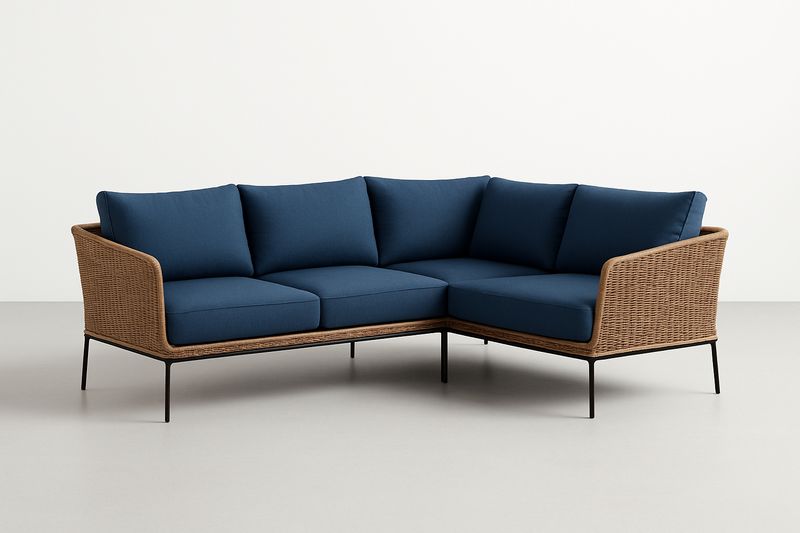 Ecksofa Rattan L-Form Stahlrahmen Blaue Polyestersitzpolster