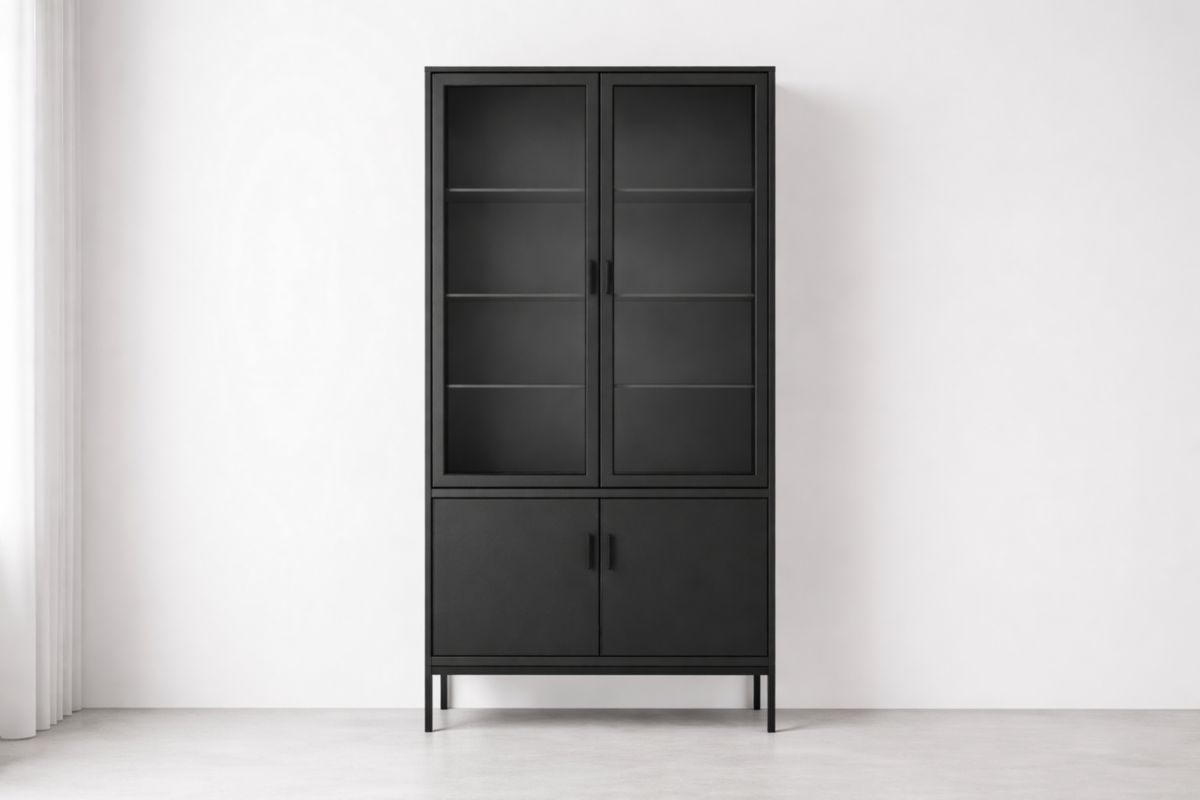 Metall Vitrinenschrank mit Sicherheitsglas Schwarz 180cm Höhe 90cm Breite 40cm Tiefe