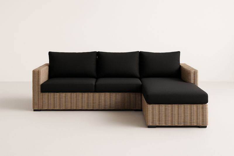 Ecksofa aus Polyethylen Rattan und Polyester Stoff Schwarz Beige