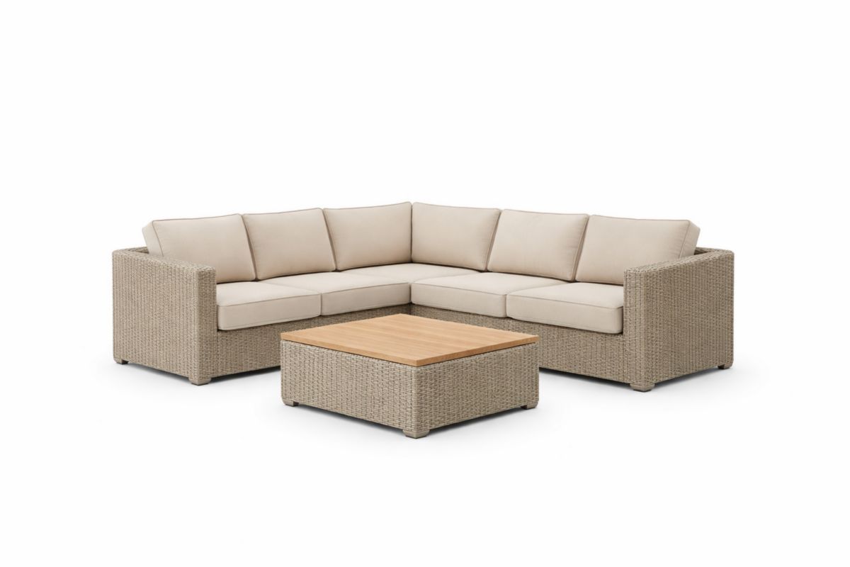 Rattan Ecksofa-Set Beige mit Holztisch