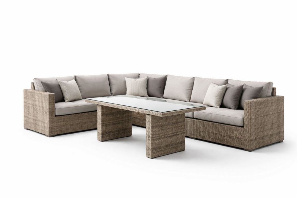 Gartenmöbel-Set Ecksofa mit Tisch Polyethylengeflecht Glasplatte Braun/Grau