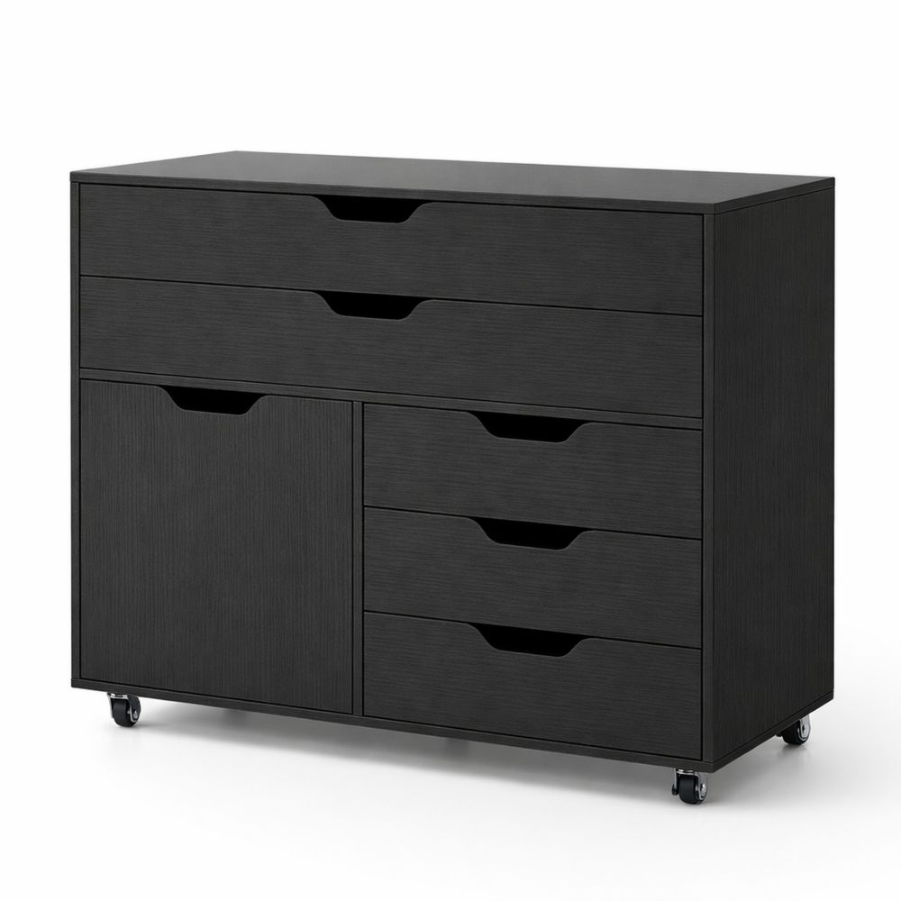 Rollbarer Büroschrank mit fünf Schubladen und Tür, vielseitiger Aktenschrank, schwarz, 77,5 x 40 x 64 cm
