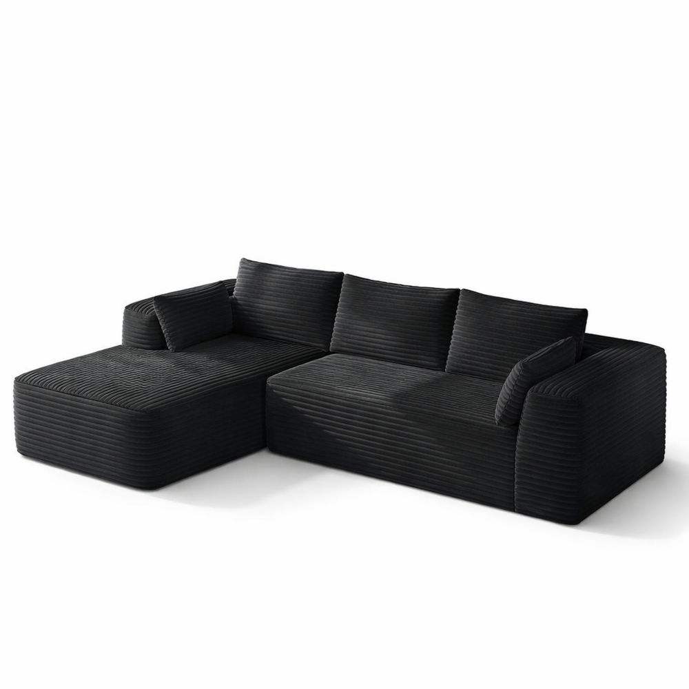 Ecksofa mit Schlaffunktion und Ottomane, L-Form, Cord, Schwarzes Sofa
