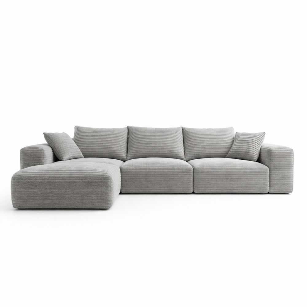 Bequeme 3-Sitzer Loungesofa aus Cordstoff, Liegefläche Links, Hellgrau