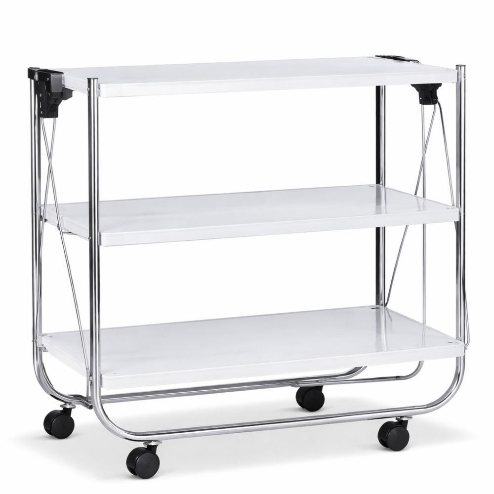 Klappbarer Küchentrolley mit Rollen, Metall, 2 Ablagen und Korb, Weiß