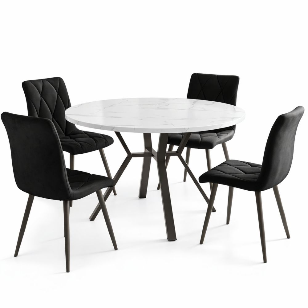 Runder Esstisch mit 4 Samtstühlen, Metallbeine