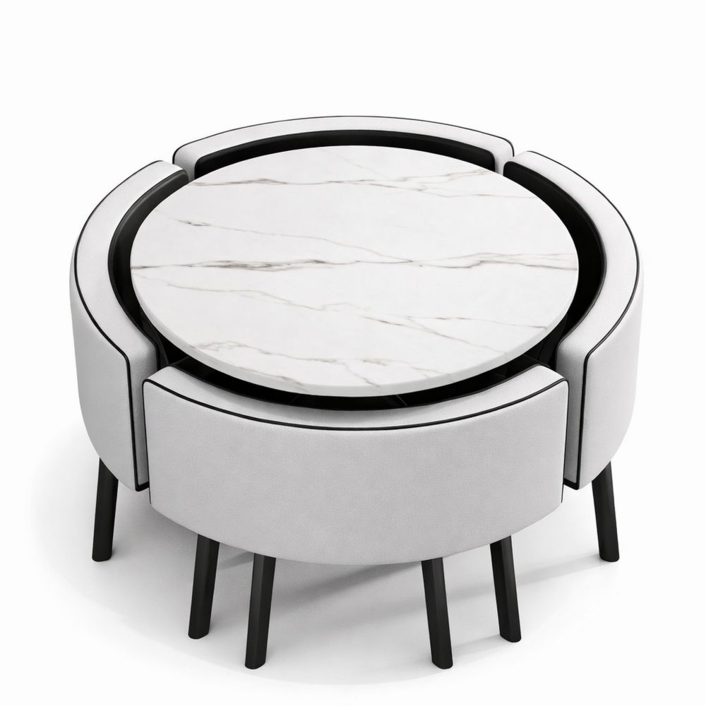 Runder Esstisch mit 4 Stühlen aus Kunstleder, platzsparend für Wohnung oder Büro