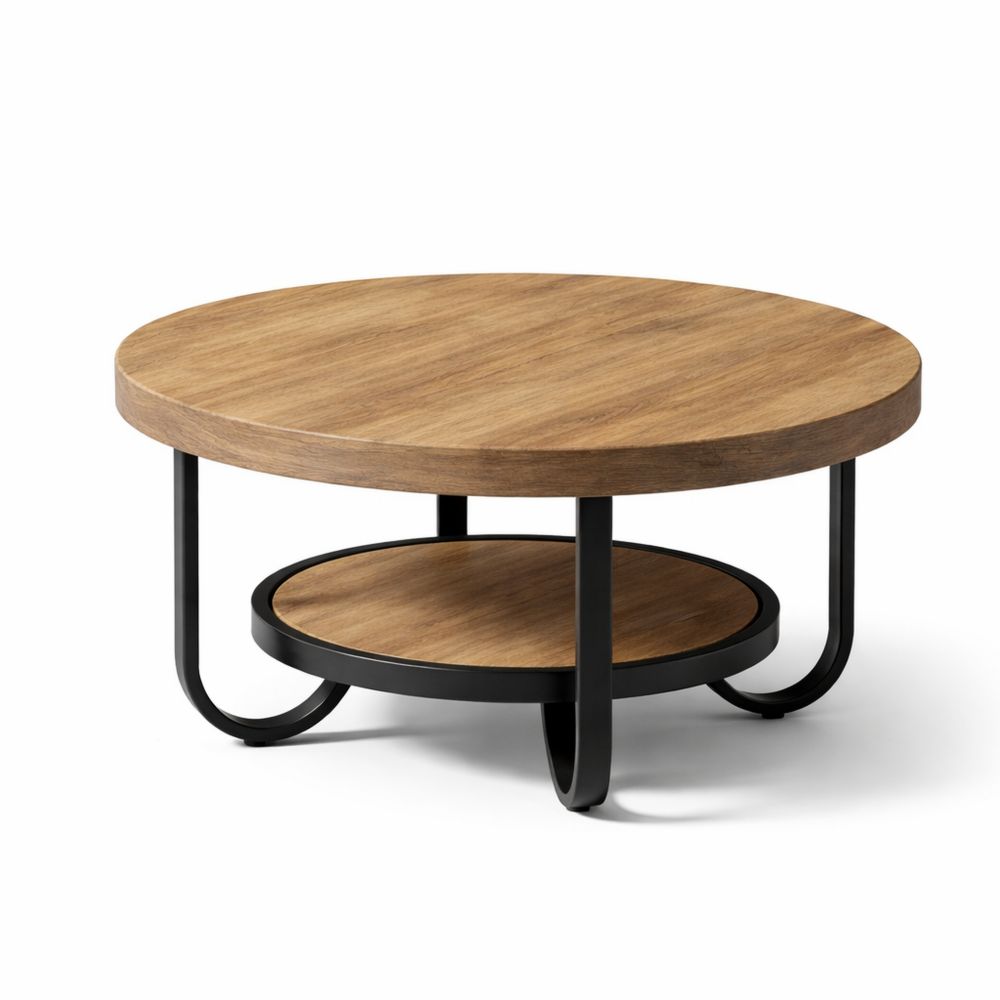 Runder Couchtisch mit 2 Ebenen und Ablagefächern, 79 cm, stabile Metallbeine, für Wohnzimmer & Büro, Braun