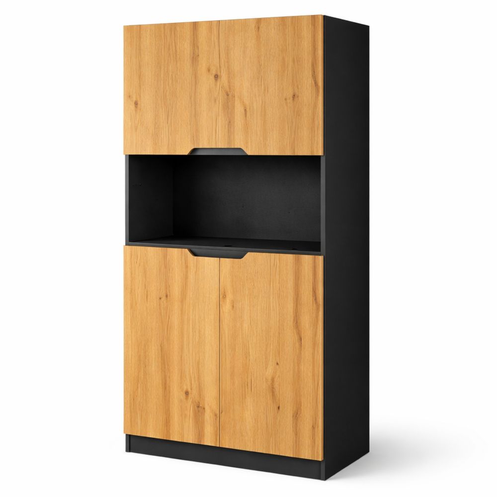 Moderner Büroschrank mit Fächern und Türen, Schwarz matt/Eiche Natur