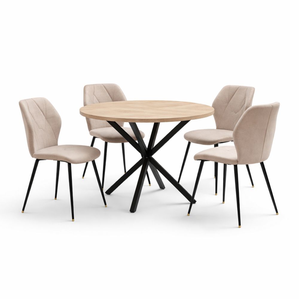 Runder Esstisch mit 4 Leinenstühlen für Esszimmer, Küche und Wohnzimmer