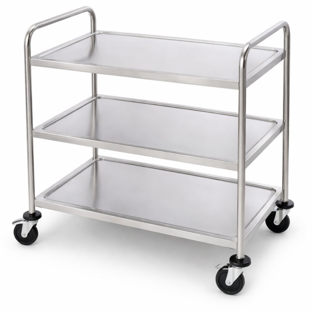 Robuster Edelstahl-Servierwagen mit 3 Ablagen und Vollgummirollen