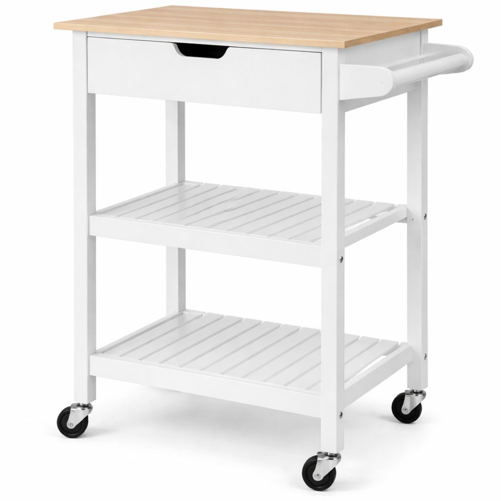 Moderner Küchenwagen mit Bambusoberfläche und Rollfunktion, 66x40x85cm, mit Arbeitsplatte, Schublade und 2 Regalböden, in Weiß