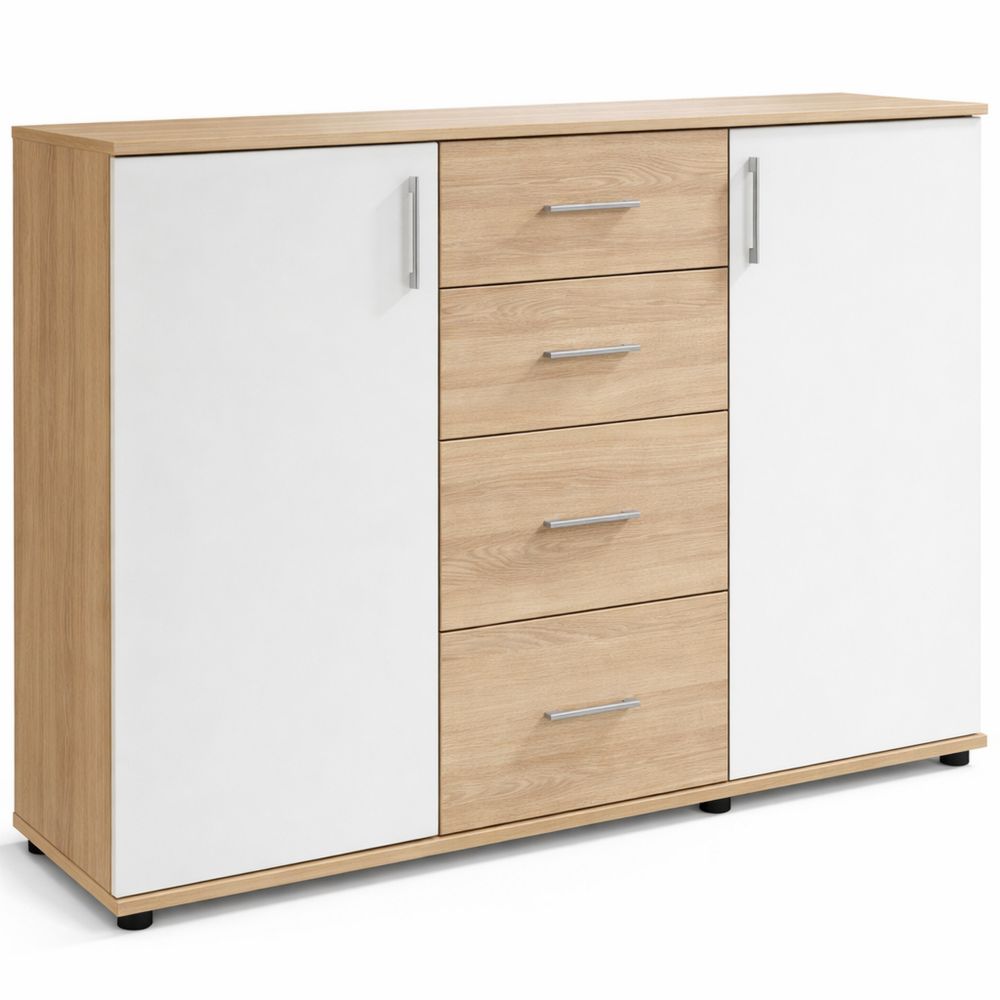 Moderne Kommode mit viel Stauraum in Eiche Optik und Weiß