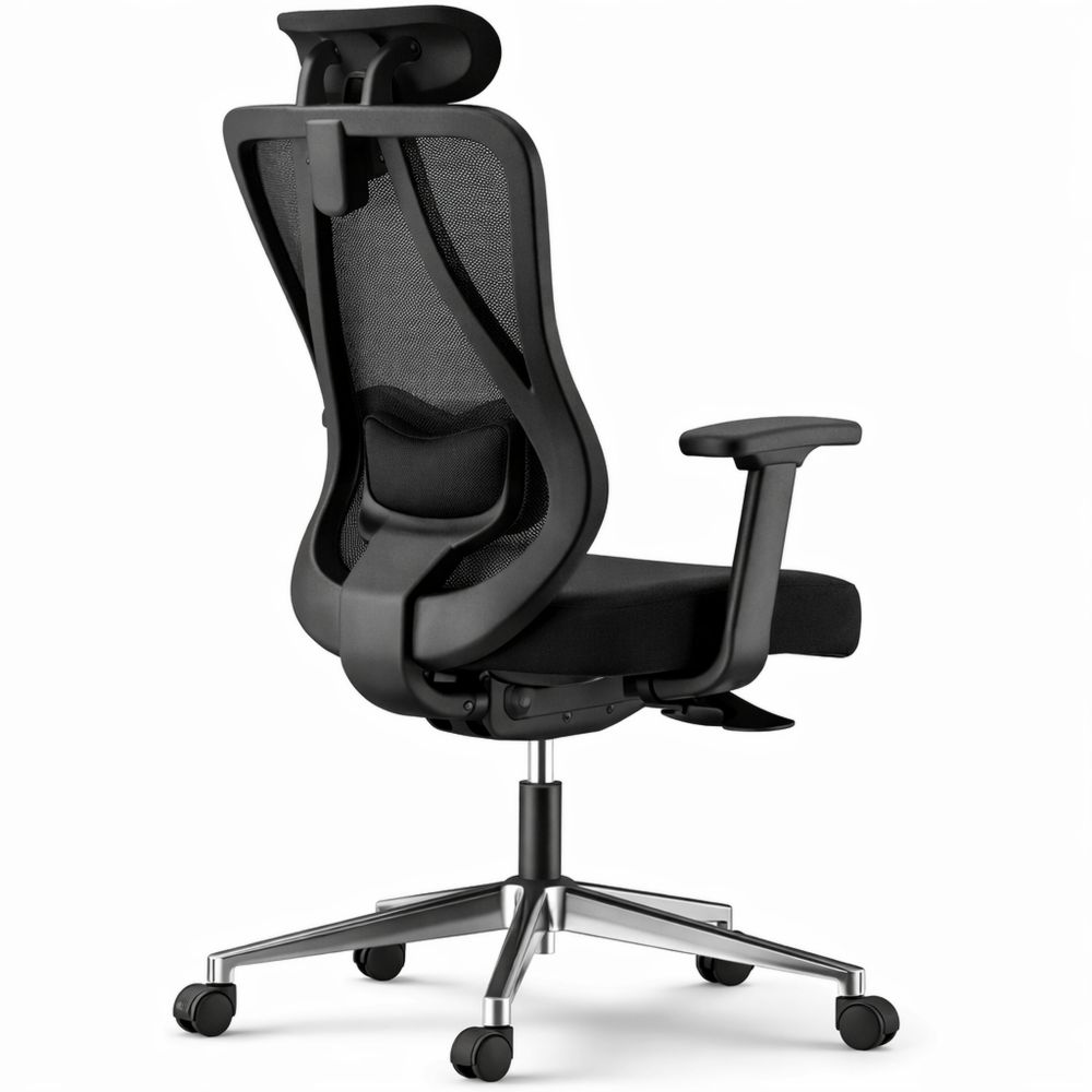 Ergonomischer Bürostuhl mit verstellbarer Kopfstütze und Lordosenstütze, großer Neigungswinkel, Netzrücken, Schwarz