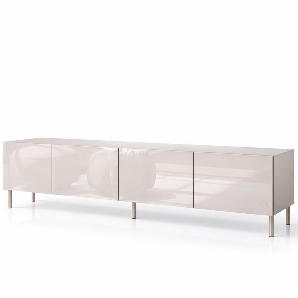 Wandhängender TV-Schrank mit Hochglanz-Optik und Boho-Beinen