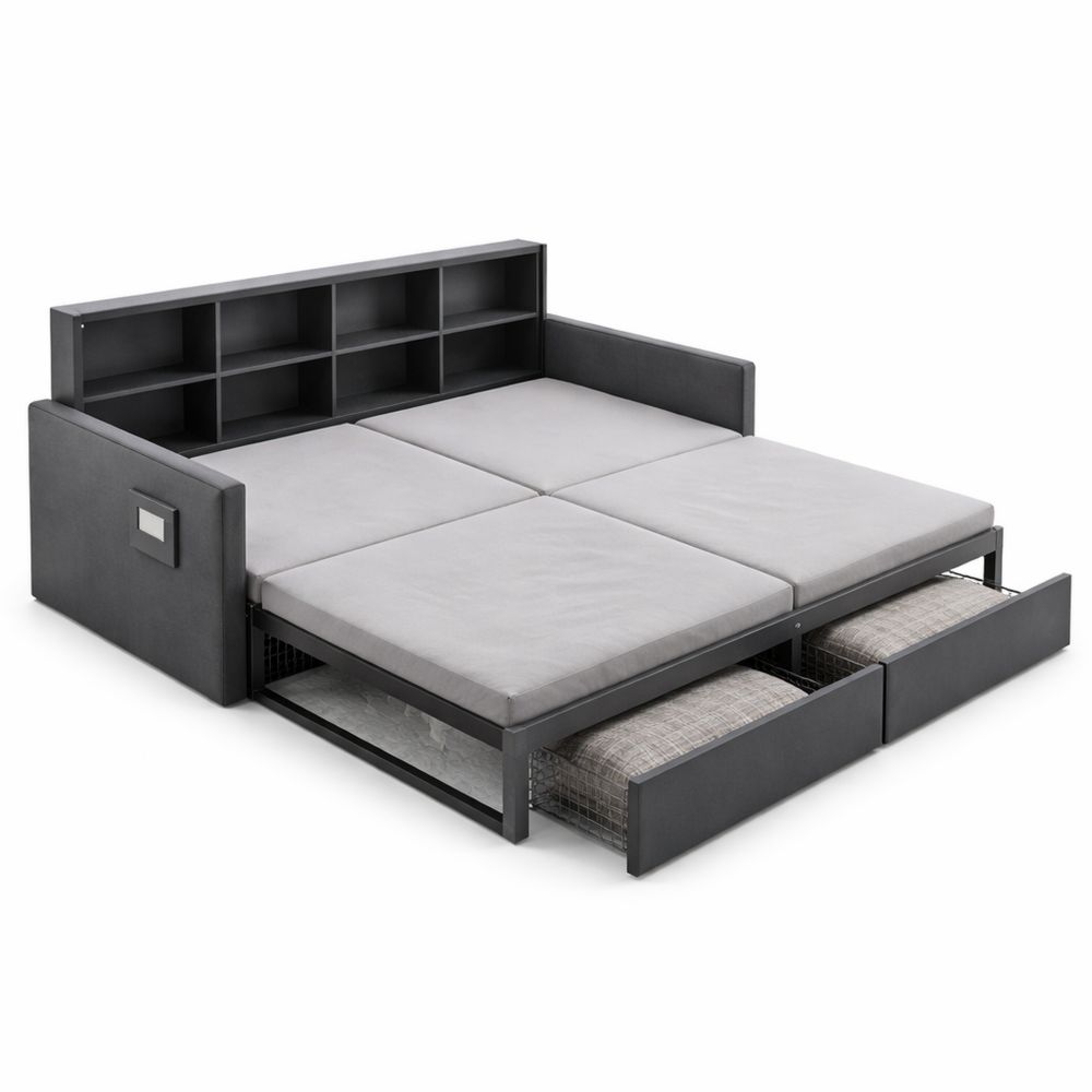 Multifunktionales Schlafsofa mit Stauraum und LED in Dunkelgrau