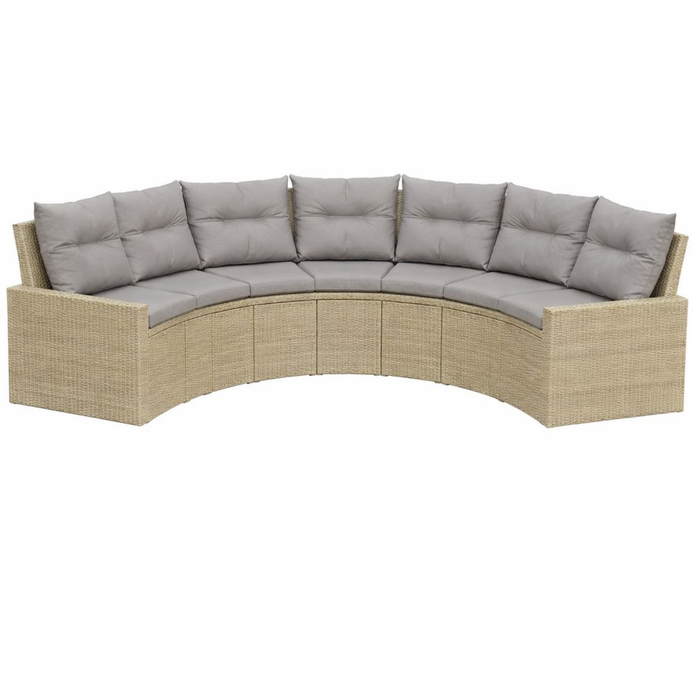 Halbrundes Gartensofa mit Kissen aus Beige Poly-Rattan
