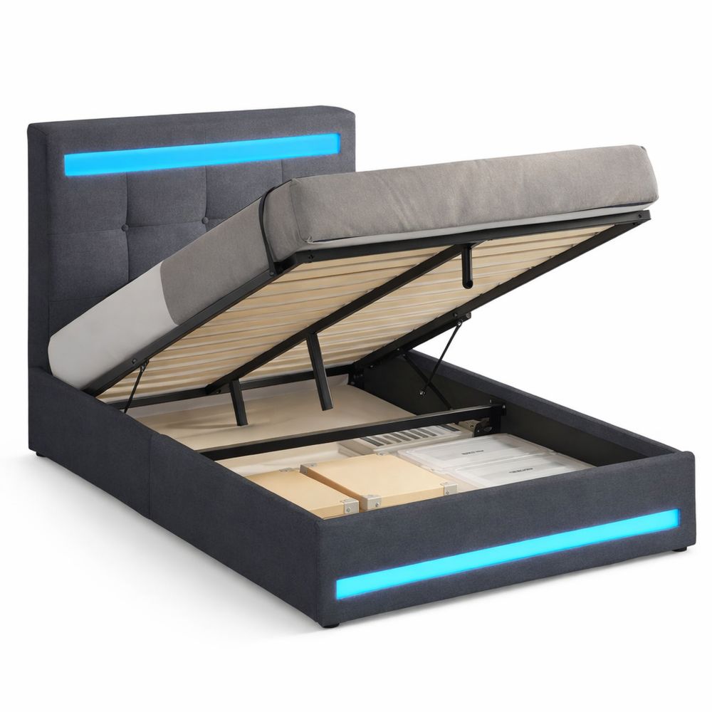 Hydraulisches Funktionsbett 90x200cm mit LED und USB, Stauraum und Lattenrost, Jugendliege in Dunkelgrau