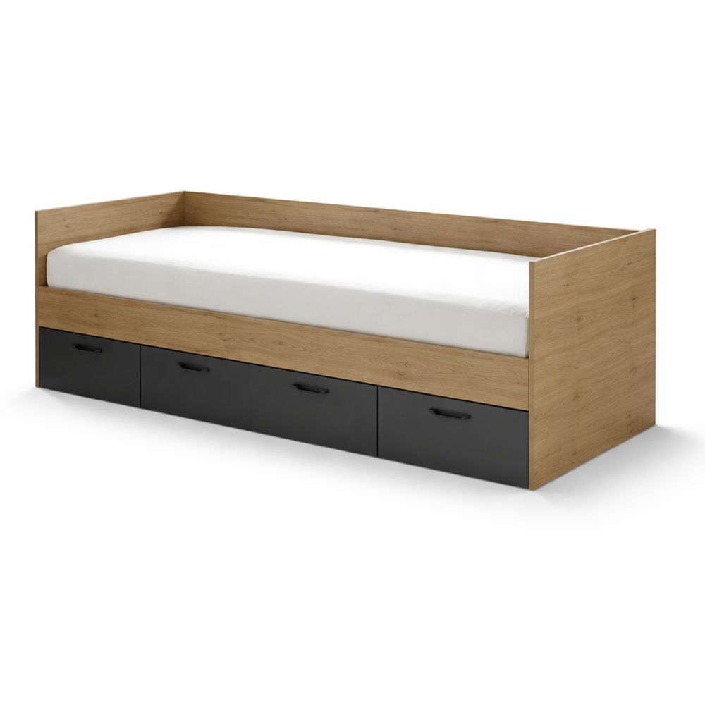 Modernes Einzelbett mit Schubladen in Eiche Optik, Graphit