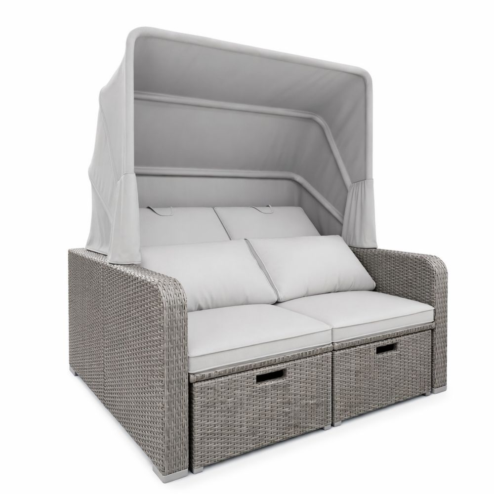 Garten-Lounge-Sofa mit Liegefunktion und abnehmbarer Markise, khaki