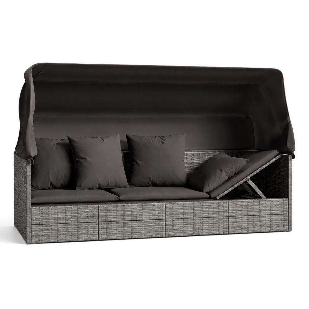 Sonnenliege mit Verdeck und Kissen, graues Gartenmöbel