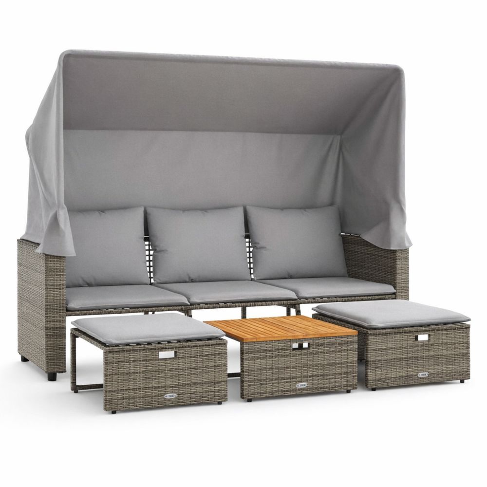 3-Sitzer Gartensofa mit Verdeck, Sonnenliege für Terrasse aus Polyrattan, Grau