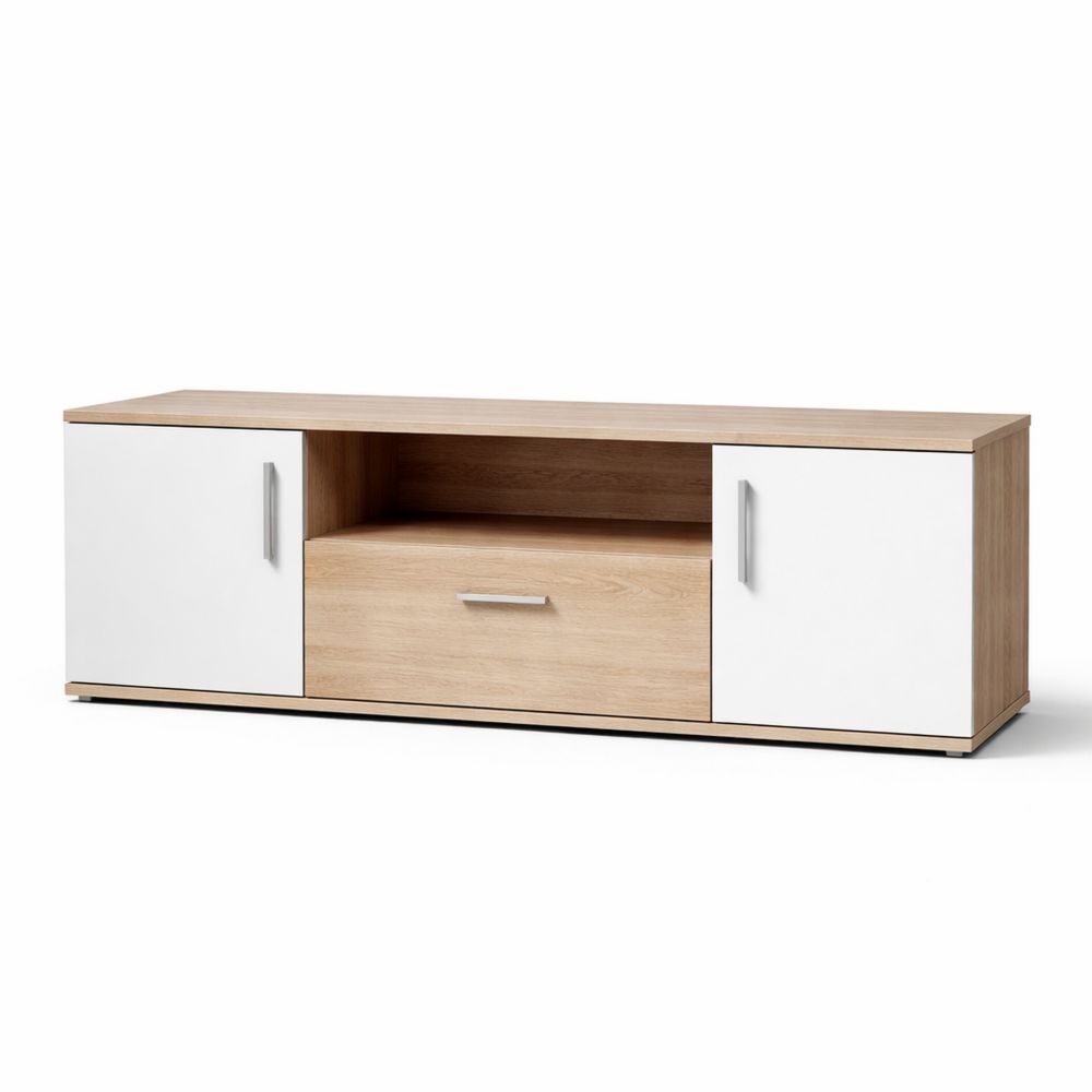 Moderner TV-Schrank mit Türen und Schublade, Weiß und Eiche Dekor