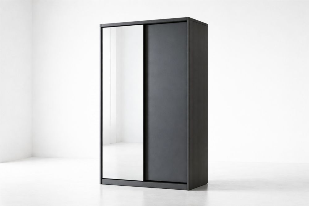 Schwebetürenschrank mit Spiegel Schwarz Melamin 200 cm x 120 cm x 60 cm
