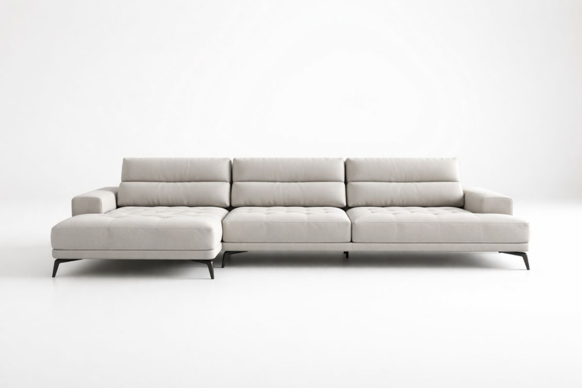Modulares Ecksofa aus Polyesterstoff, Creme, L-Form, mit Stahlfüßen