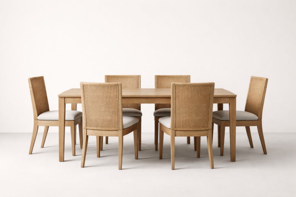 Essgruppe aus Massivholz und Rattan Natur