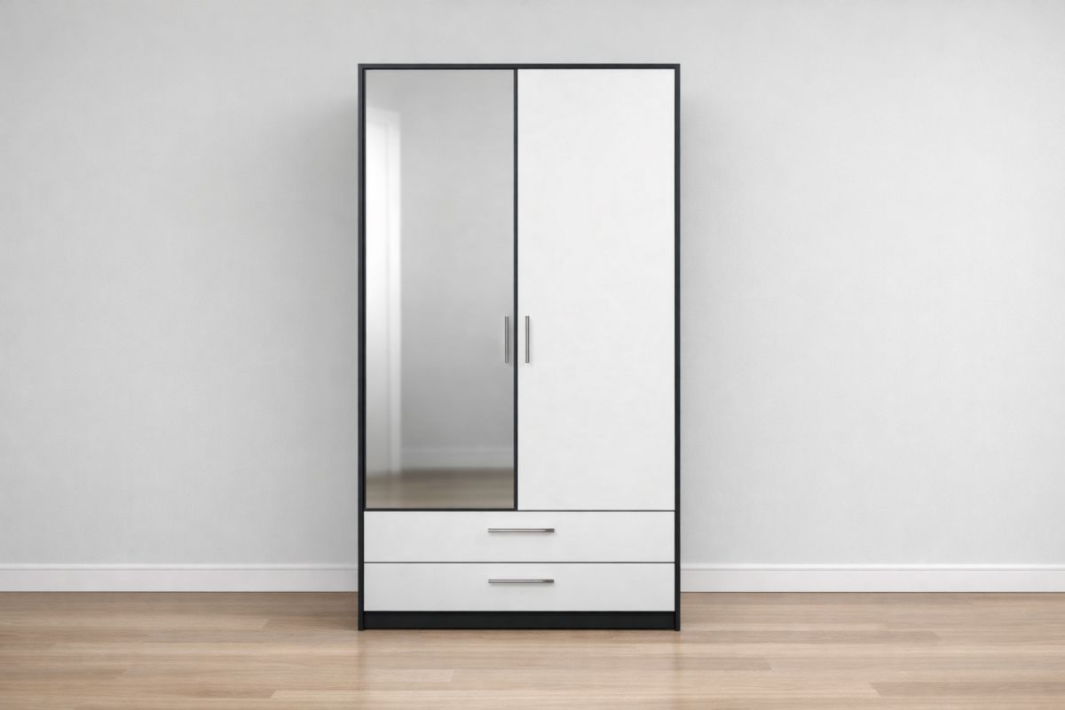 Kleiderschrank mit Spiegel 2 Türen 2 Schubladen MDF-Holz Weiß/Schwarz