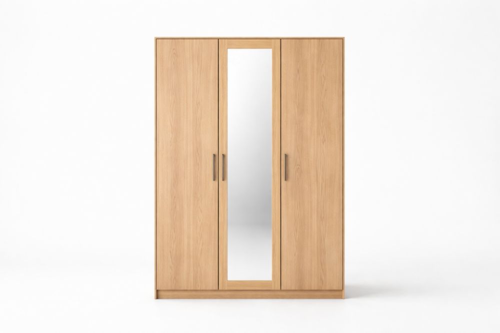 3-türiger Kleiderschrank in Eichefurnieroptik mit Spiegel 210x150x60 cm(H × L × B)