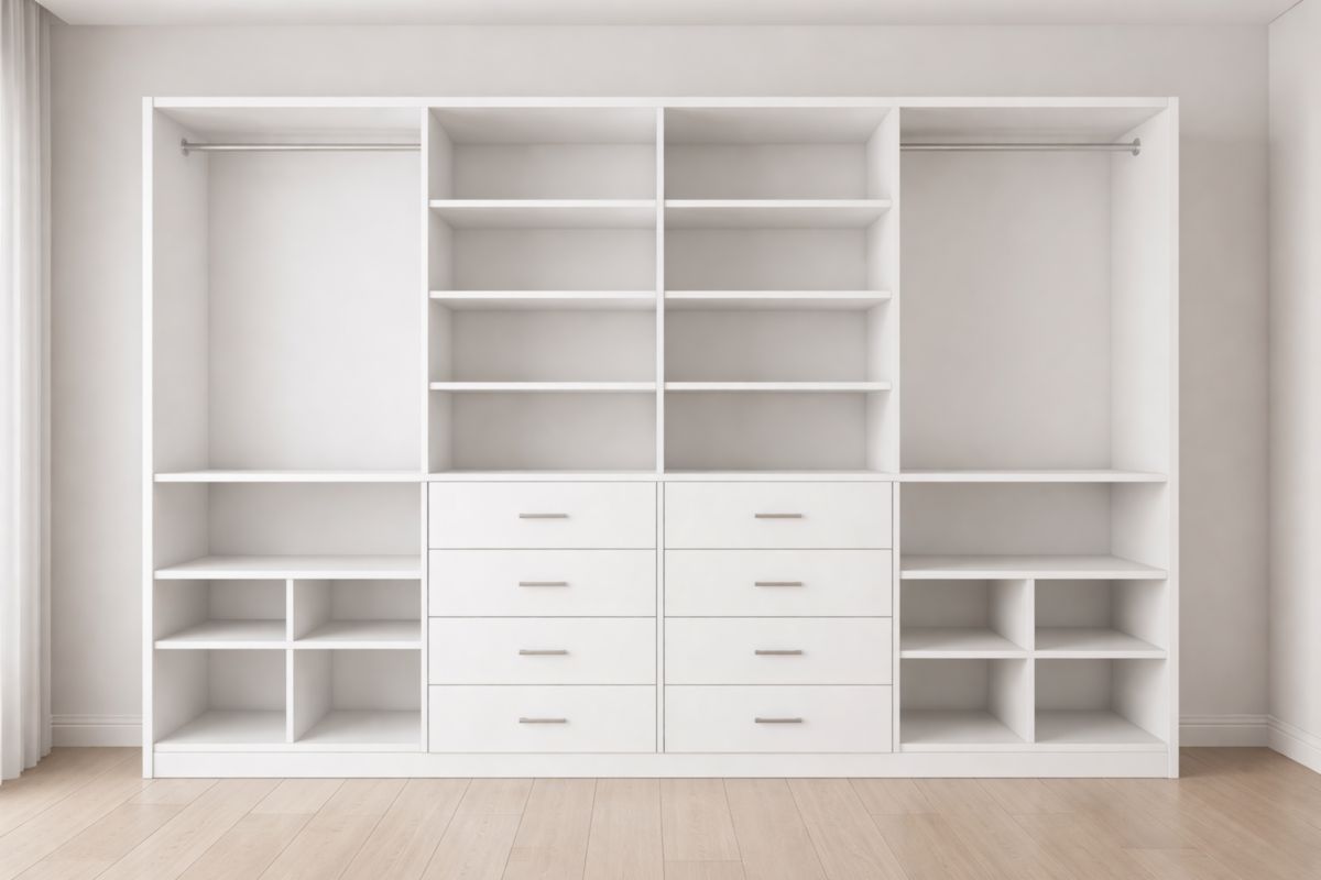 Kleiderschrank aus MDF, Weiß, mit Regalen und Schubladen 220x300x60cm(H × B × T)